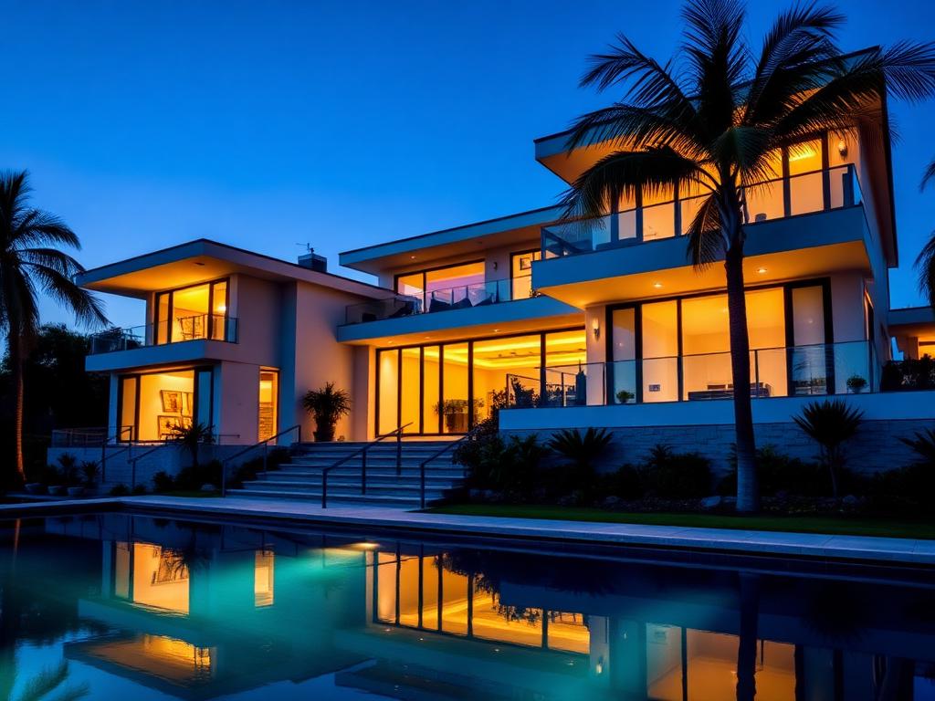 Twilight photo of a luxury property